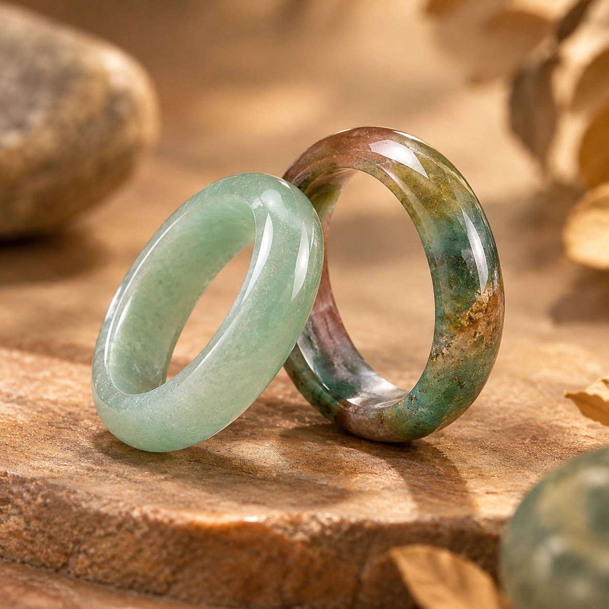 2pc Green Aventurine & Multi-Colour Agate Stackable Ring Set